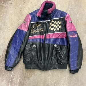 Vintage angora parchwork Racing genuine Leather Jacket
